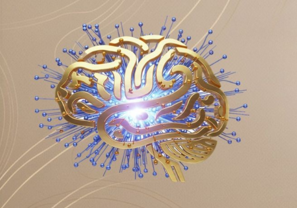 Zlatomodrý mozek s propojenými neurony — pozitivní neuroplasticita
