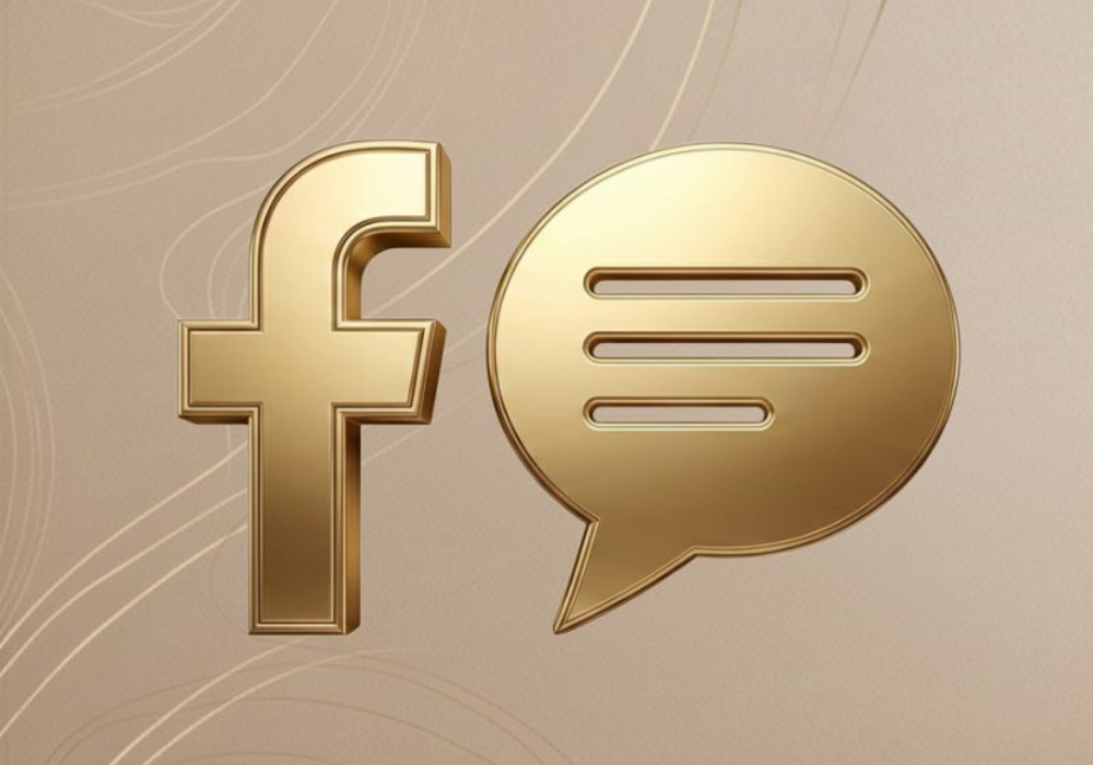 Zlatý symbol Facebooku a bublina konverzace — uzavřená skupina